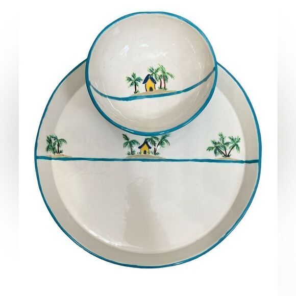 Hand crafted serving plate and bowl tropical graphic design spring Summer party - Picture 1 of 9